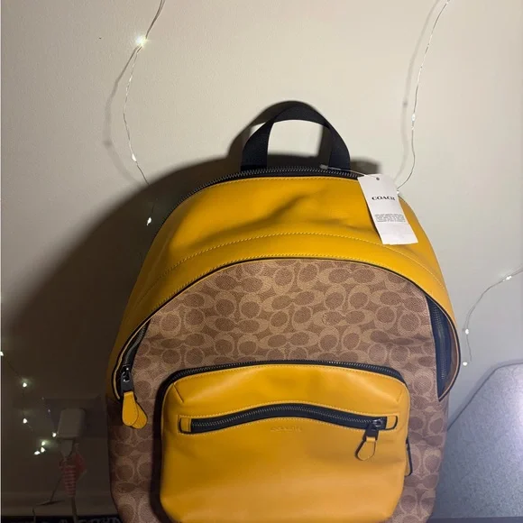 Coach Signature Brown and Vibrant Yellow Backpack display picture 2